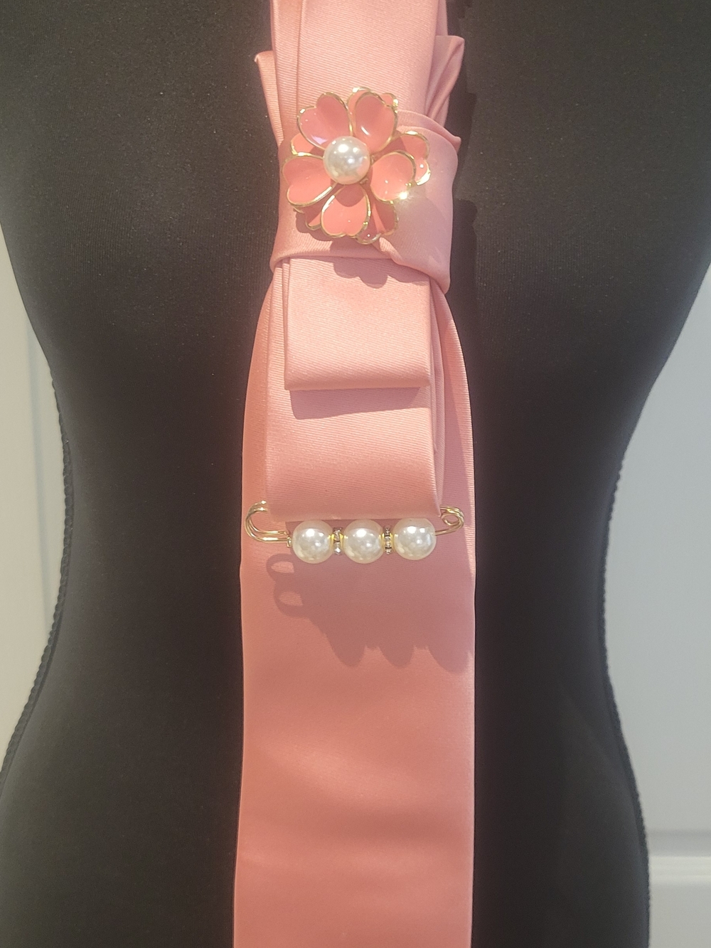 Peach Satin Tie with Floral Pearl Brooch